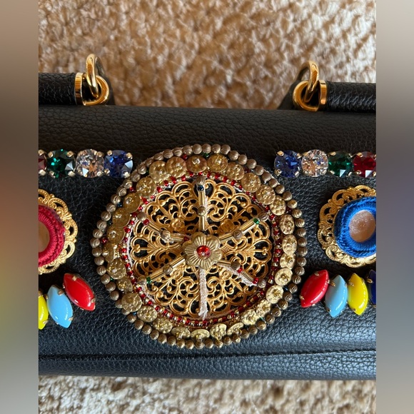 DOLCE & GABBANA Black Leather Miss Sicily Von Embellished Wallet On Chain - Picture 3 of 7